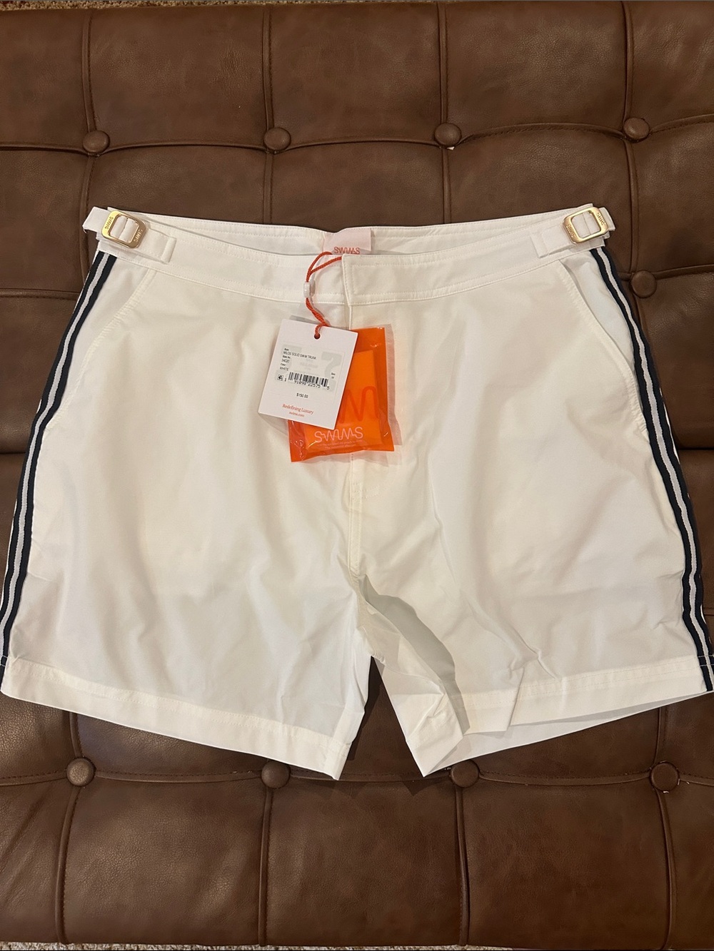 Swims White Swim Shorts with Navy Side Stripes and Gold Buckles